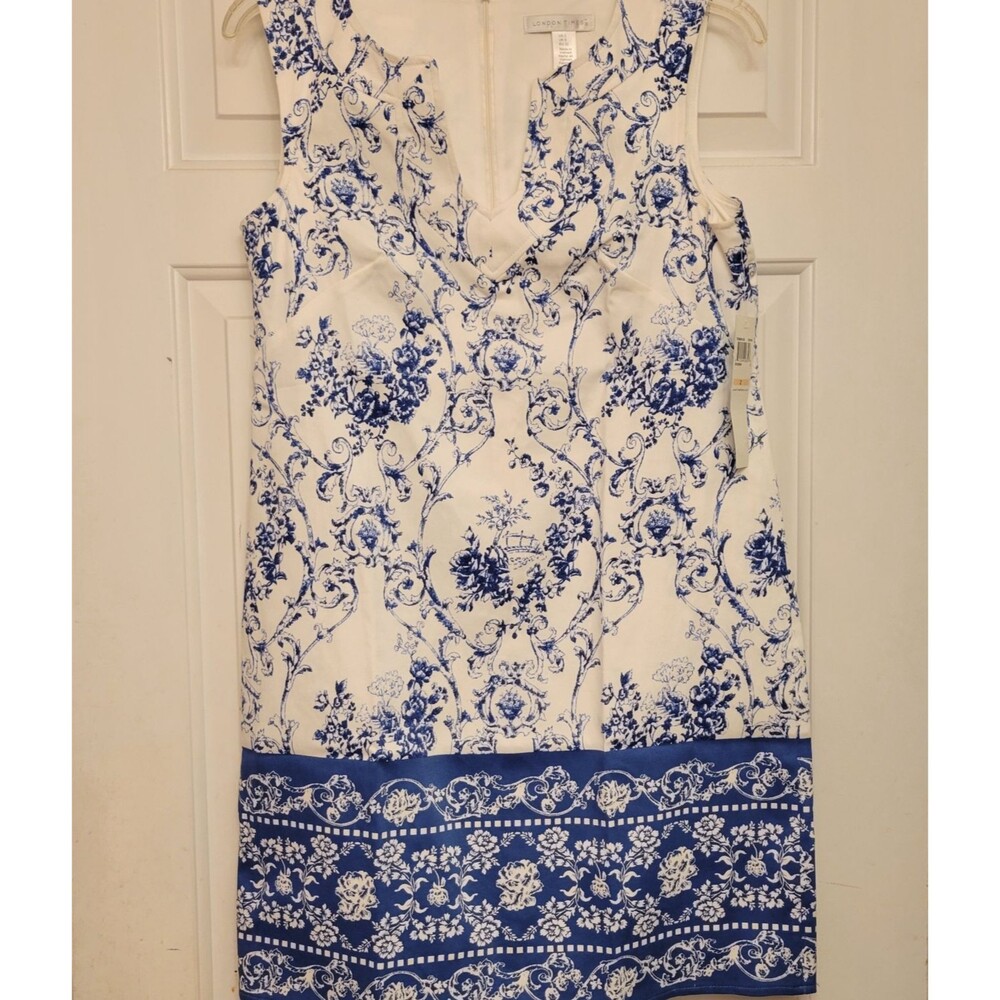 London Times Women's Size 2 Blue White Floral Damask Sleeveless Sheath Dress - Picture 2 of 9